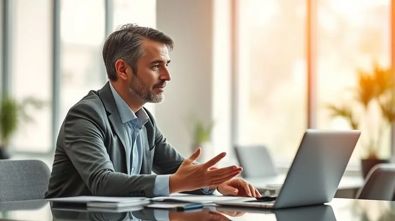 A photorealistic image of a financial advisor and client engaged in a calm, focused conversation across a desk. The advisor is leaning slightly forward, maintaining eye contact, and has an empathetic expression. The client appears comfortable and engaged. Soft, natural light fills the modern office. Cinematic lighting, sharp focus on their faces, depth of field blurring the background. Professional photography, 8K hyper-detailed, shot on a high-end DSLR.