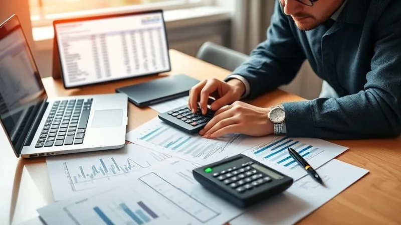 photorealistic, professional photography, 8K, cinematic lighting, sharp focus, depth of field, shot on a high-end DSLR, a person meticulously organizing financial documents on a well-lit desk, with a calculator, a laptop displaying a budget spreadsheet, and a focused expression, representing financial assessment and planning.