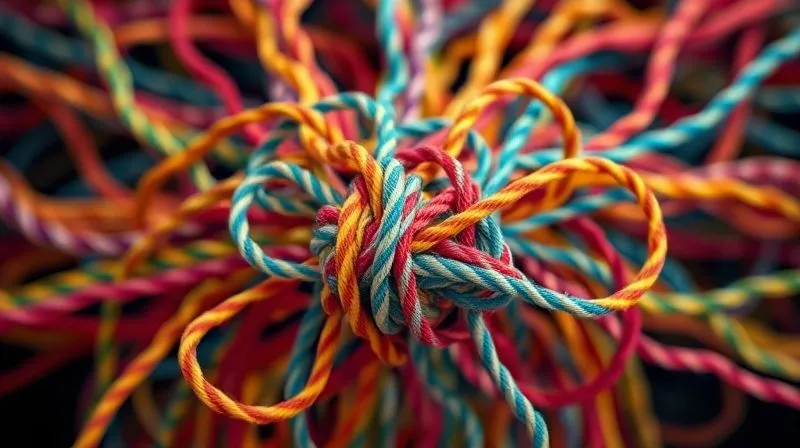 photorealistic, professional photography, 8K, cinematic lighting, sharp focus, depth of field, shot on a high-end DSLR, a tangled mess of colorful ropes representing various debts, being carefully gathered and tied into a single, neat knot, symbolizing debt consolidation and simplified management.