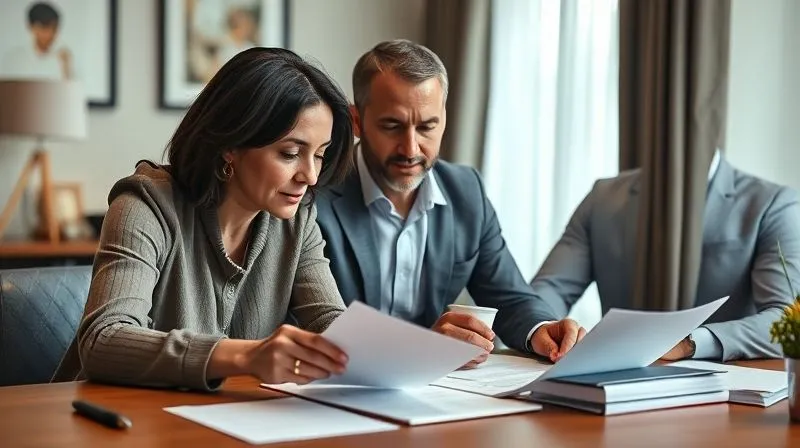 photorealistic, professional photography, 8K, cinematic lighting, sharp focus, depth of field, shot on a high-end DSLR, a compassionate housing counselor and a client reviewing financial documents together at a table, with a lawyer subtly in the background, symbolizing comprehensive professional support and guidance during a financial crisis.