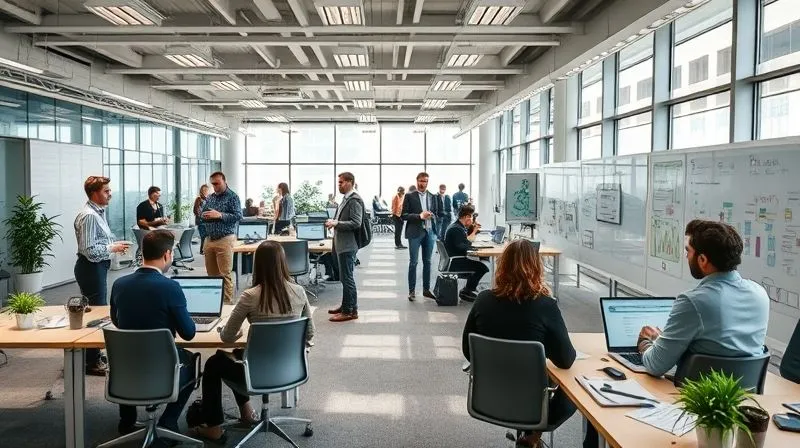 A photorealistic, wide shot of a modern, collaborative office space within a financial institution. Employees from various departments are seen interacting, brainstorming at whiteboards, and working together on projects, symbolizing seamless cross-functional collaboration. The environment is bright and dynamic, 8K, cinematic lighting, sharp focus on the interactions, depth of field, shot on a high-end DSLR.