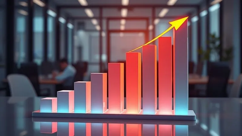 Photorealistic, professional photography, 8K, cinematic lighting, sharp focus, depth of field, shot on a high-end DSLR. A vibrant, stylized 3D bar chart showing exponential financial growth over time, with smaller initial bars leading to significantly taller, illuminated bars. The chart is set against a backdrop of a subtly blurred, modern office environment, symbolizing the impact of strategic financial decisions on professional life. The colors are optimistic and professional, avoiding any text or numbers on the chart itself.
