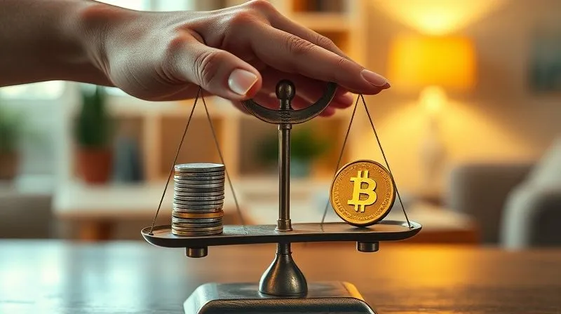 Photorealistic, professional photography, 8K, cinematic lighting, sharp focus, depth of field, shot on a high-end DSLR. A person's hand delicately balancing a small stack of coins on one side of a vintage-style scale, with a single, larger, glowing golden coin on the other side, symbolizing thoughtful, mindful financial choices over impulsive spending. The background is a softly blurred, warm, and inviting home interior, suggesting comfort derived from financial stability rather than excessive consumption. The lighting is soft and reflective, highlighting the coins and the scale with a sense of quiet importance.