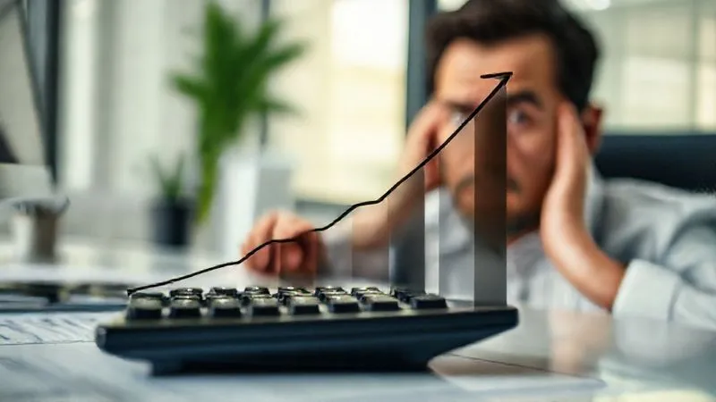 A photorealistic image depicting a subtle, upward-sloping graph line representing spending, gradually widening over time to consume a larger portion of a rising income bar chart. The background is a clean, modern office desk with a calculator and a puzzled expression on a person's face (partially visible). Professional photography, 8K, cinematic lighting, sharp focus on the graph, depth of field blurring the background, shot on a high-end DSLR, emotionally resonant.