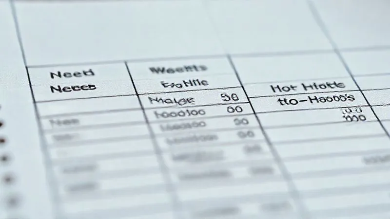A photorealistic image of a financial ledger or spreadsheet, with three distinct columns clearly labeled 'Needs', 'Wants', and 'Nice-to-Haves'. Each column has a few illustrative items listed (e.g., 'Rent', 'Groceries' under Needs; 'Dining Out', 'Vacation' under Wants; 'Luxury Car Payment', 'Daily Latte' under Nice-to-Haves). The 'Nice-to-Haves' column is subtly highlighted as if it's growing faster. Professional photography, 8K, cinematic lighting, sharp focus on the ledger, depth of field blurring the background, shot on a high-end DSLR, emotionally resonant.
