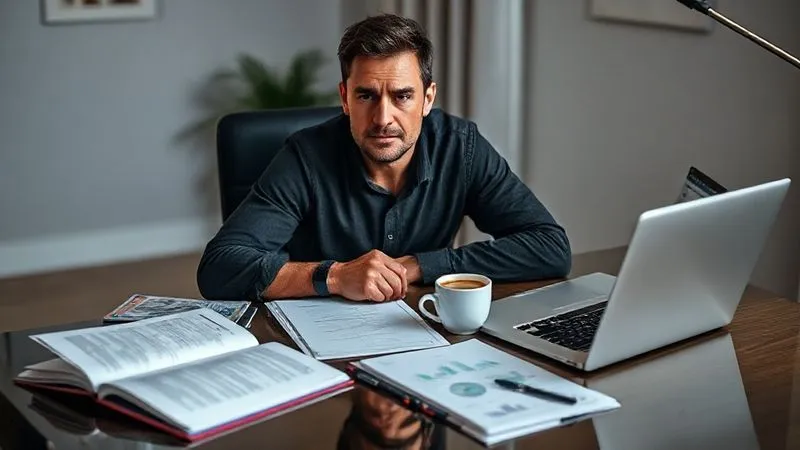 A photorealistic image of a person sitting at a modern desk, surrounded by open notebooks, charts, and a laptop displaying financial data. Their expression is focused and determined, with a cup of coffee nearby. The background is slightly blurred, suggesting a home office environment. Professional photography, 8K, cinematic lighting, sharp focus on the person and desk, depth of field, shot on a high-end DSLR, emotionally resonant.