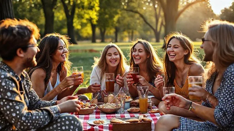A photorealistic image of a diverse group of friends, casually dressed, laughing and enjoying a picnic in a sunlit park. They are sharing simple, homemade food and drinks, with a sense of genuine connection and contentment, rather than ostentatious display. Professional photography, 8K, cinematic lighting, sharp focus on the group, depth of field blurring the background, shot on a high-end DSLR, emotionally resonant.