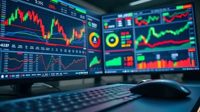 photorealistic, professional photography, 8K, cinematic lighting, sharp focus, depth of field, shot on a high-end DSLR. A sophisticated financial trading dashboard on multiple screens, displaying real-time stock charts, complex data visualizations with flowing lines and glowing metrics. One screen prominently features a 'Model Health' panel with green, amber, and red indicators, showing 'Data Drift Index' and 'Concept Drift Score' with alarm bells ringing, indicating a critical alert. The foreground has a blurred keyboard and mouse, suggesting active monitoring.