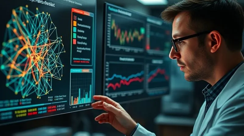 photorealistic, professional photography, 8K, cinematic lighting, sharp focus, depth of field, shot on a high-end DSLR. A data scientist intensely analyzing a multi-panel holographic display. One panel shows a complex neural network visualization with highlighted pathways. Another panel displays SHAP value plots and feature importance graphs, clearly showing a sudden shift in feature influence, with a specific feature 'Transaction Volume' glowing red, indicating its increased impact on model output. The overall atmosphere is one of focused problem-solving in a high-tech financial lab.