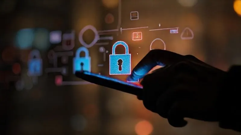 photorealistic, professional photography, 8K, cinematic lighting, sharp focus, depth of field, shot on a high-end DSLR, a shadowy figure's hand attempting to phish on a mobile banking app, with digital locks and warning signs overlayed, symbolizing cyber threat.