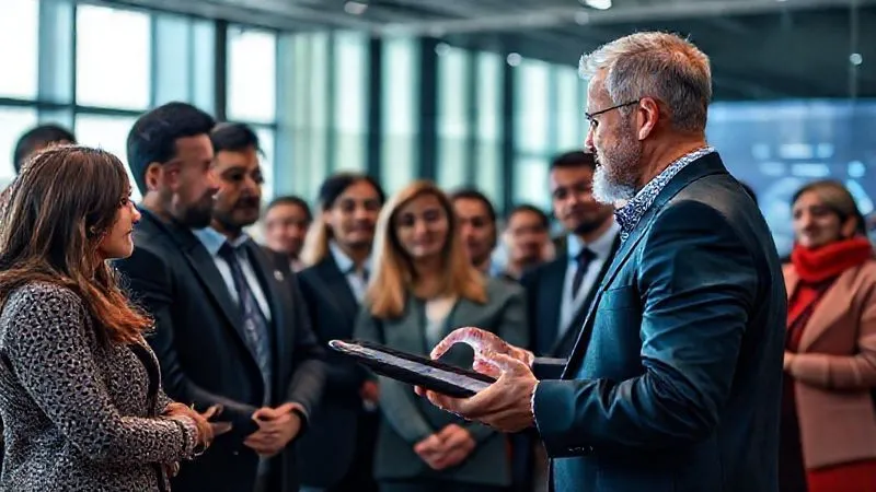 photorealistic, professional photography, 8K, cinematic lighting, sharp focus, depth of field, shot on a high-end DSLR, a diverse group of sophisticated individuals attentively watching a cybersecurity expert present on a tablet, symbolizing client education and awareness.