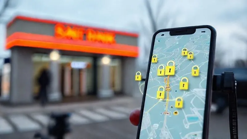 photorealistic, professional photography, 8K, cinematic lighting, sharp focus, depth of field, shot on a high-end DSLR, a smartphone displaying a map with a secure geofence perimeter around a bank branch, with digital locks appearing on the map, symbolizing location-based security.