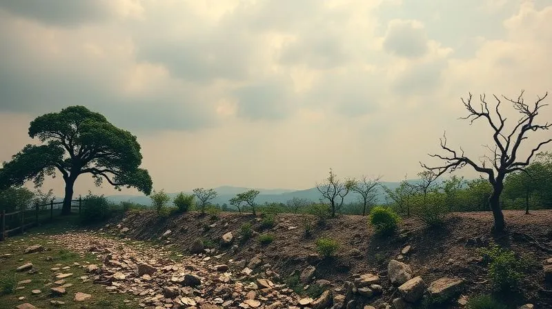 A photorealistic, professional photography, 8K, cinematic lighting, sharp focus, depth of field, shot on a high-end DSLR, depicting a metaphorical timeline of a family's wealth, starting with a strong foundation, rising to a peak, and then gradually declining into a fragmented landscape, symbolizing the 'shirtsleeves to shirtsleeves' phenomenon. Elements like a sturdy tree, a flourishing garden, and then withered branches or scattered coins could represent the journey. The image should evoke a sense of warning and historical pattern.