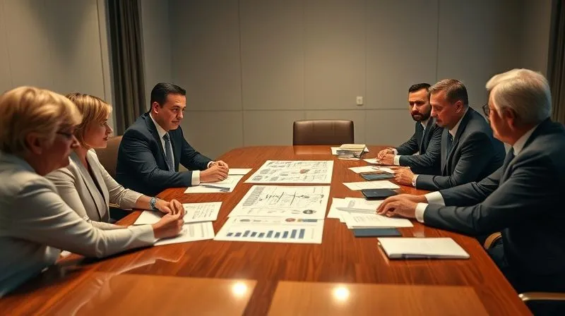 A photorealistic, professional photography, 8K, cinematic lighting, sharp focus, depth of field, shot on a high-end DSLR, depicting a diverse group of professionals (e.g., a financial advisor, an attorney, a tax expert, a family facilitator) gathered around a large, polished conference table. They are engaged in a collaborative discussion, with charts and documents spread out, symbolizing a comprehensive advisory team working together. The mood is serious, collaborative, and forward-looking, with soft, ambient light.
