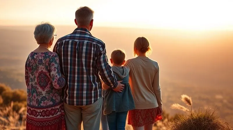 A photorealistic, professional photography, 8K, cinematic lighting, sharp focus, depth of field, shot on a high-end DSLR, depicting a multi-generational family (grandparents, parents, adult children) standing together on a scenic overlook, looking out at a vast, open landscape towards a distant, bright horizon. The atmosphere is hopeful and unified, symbolizing a shared vision for the future and the successful transition of legacy. The lighting is soft and golden, evoking warmth and continuity.