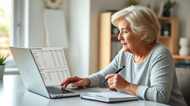 A photorealistic image of a woman in her late 60s, Eleanor, sitting at a clean, well-lit desk, thoughtfully reviewing a digital spreadsheet on a laptop. The spreadsheet shows columns for 'Current Expenses,' 'Projected Inflation,' and 'Adjusted Future Costs.' She holds a pen, making notes in a physical planner. The background is a bright, cozy home office. professional photography, 8K, cinematic lighting, sharp focus, depth of field, shot on a high-end DSLR.