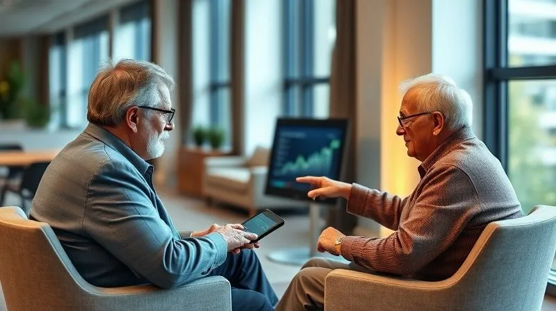 A photorealistic image of a diverse, retired couple (60s-70s) sitting across from a professional financial advisor in a modern, well-lit office. They are engaged in conversation, looking at a tablet displaying financial projections. The advisor is pointing to a specific chart on the screen, illustrating a point about inflation-adjusted returns. professional photography, 8K, cinematic lighting, sharp focus, depth of field, shot on a high-end DSLR.