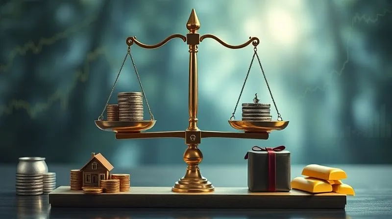 A photorealistic image of a balanced financial scale, with growth on one side and preservation on the other, perfectly level, surrounded by diverse investment symbols like stocks, real estate, and gold, cinematic lighting.