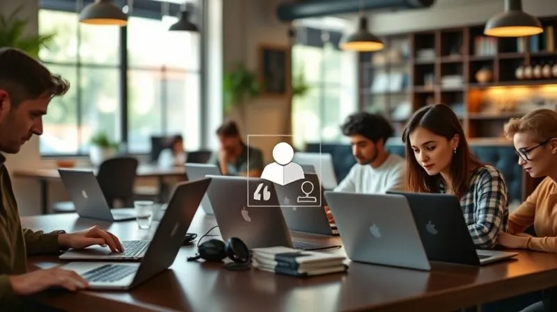 A photorealistic, professional photography, 8K, cinematic lighting, sharp focus, depth of field, shot on a high-end DSLR, depicting a diverse group of remote workers engaged in various independent tasks on their laptops, each with a distinct background (e.g., home office, co-working space, coffee shop), illustrating their autonomy and diverse work environments. Overlaid are subtle icons representing 'Behavioral', 'Financial', and 'Relationship' factors, emphasizing the multi-faceted assessment of worker classification.