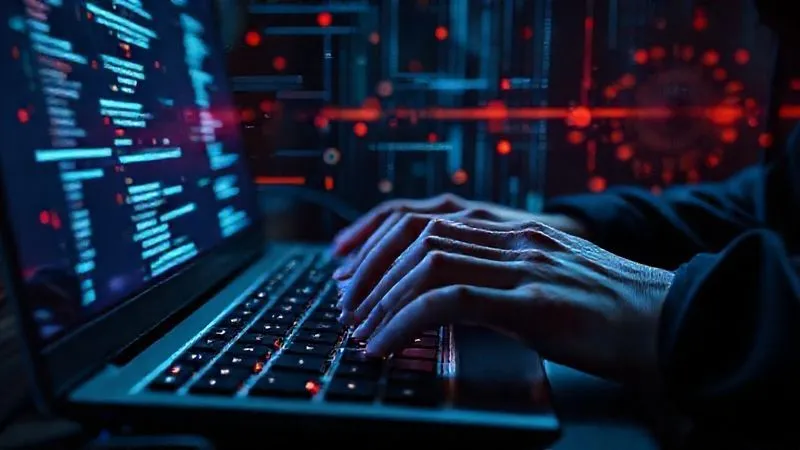 A photorealistic, professional photography, 8K image depicting a hacker's hands typing rapidly on a keyboard with glowing code, while a digital network overlay shows fraudulent transactions spreading like a virus. Cinematic lighting creates a tense atmosphere, sharp focus on the hands and screen, depth of field blurring the background, shot on a high-end DSLR. The image evokes the speed and stealth of modern cyber fraud.