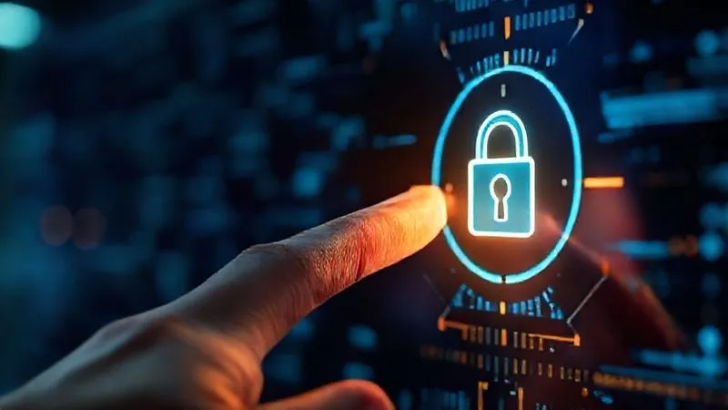 A photorealistic, professional photography, 8K image showing a person's finger gently touching a glowing biometric scanner, with a secure digital lock icon overlayed. Cinematic lighting highlights the interaction, sharp focus on the finger and scanner, depth of field blurring a background of secure data streams, shot on a high-end DSLR. The image conveys advanced security and ease of use.