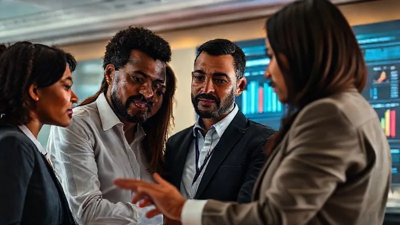 A photorealistic, professional photography, 8K image showing diverse bank employees collaboratively looking at a digital dashboard displaying fraud risk metrics, with speech bubbles indicating discussion and shared knowledge. Cinematic lighting illuminates their faces, sharp focus on the dashboard and expressions of engagement, depth of field blurring the office background, shot on a high-end DSLR. The image conveys teamwork and proactive learning.