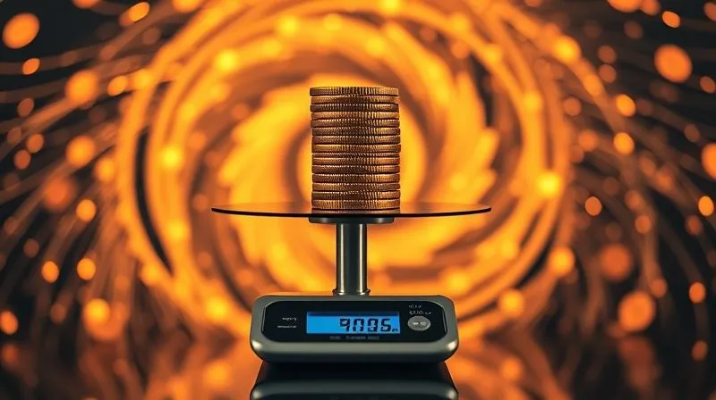 A photorealistic depiction of a digital scale balancing a stack of stylized crypto coins against a swirling vortex of burning tokens, symbolizing dynamic supply mechanisms. Cinematic lighting, sharp focus on the scale, depth of field, 8K hyper-detailed, professional photography, shot on a high-end DSLR.