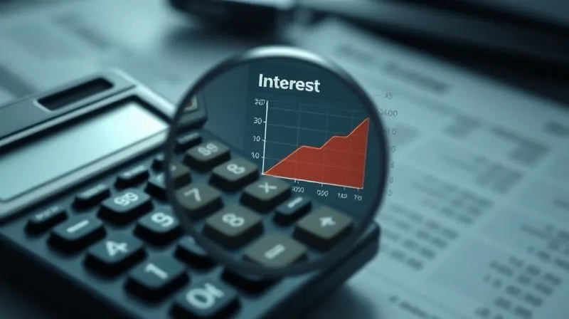 photorealistic, professional photography, 8K, cinematic lighting, sharp focus, depth of field, shot on a high-end DSLR. A magnified view of a calculator display showing complex interest calculations and a graph illustrating the exponential growth of debt versus potential investment returns, set against a backdrop of blurred financial reports.