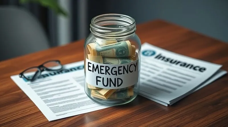 photorealistic, professional photography, 8K, cinematic lighting, sharp focus, depth of field, shot on a high-end DSLR. A sturdy, clear glass jar labeled 'Emergency Fund' filled with crisp banknotes, positioned next to various insurance policy documents, all resting on a solid, polished wooden table, symbolizing financial security and protection.