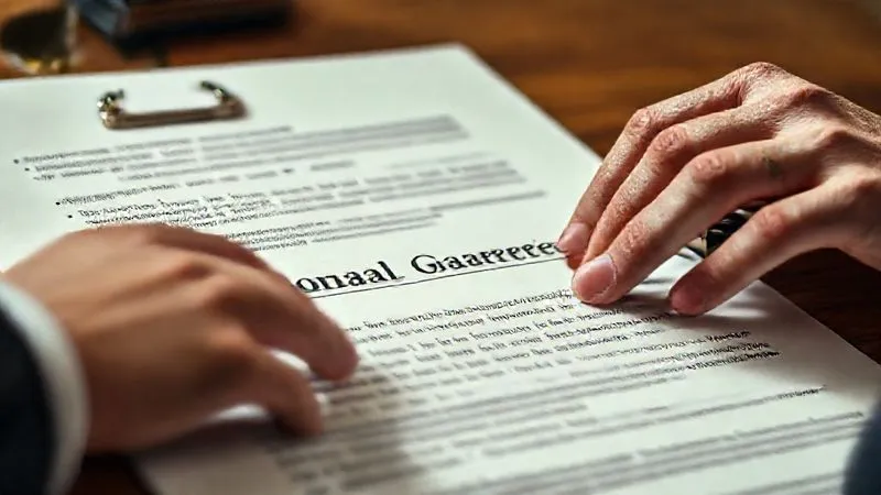 A photorealistic, professional photography, 8K, cinematic lighting, sharp focus, depth of field, shot on a high-end DSLR, depicting a legal document with a prominent 'Personal Guarantee' clause highlighted, with a blurred, anxious business owner's hand hovering over it. The scene emphasizes the gravity and personal risk associated with such agreements.