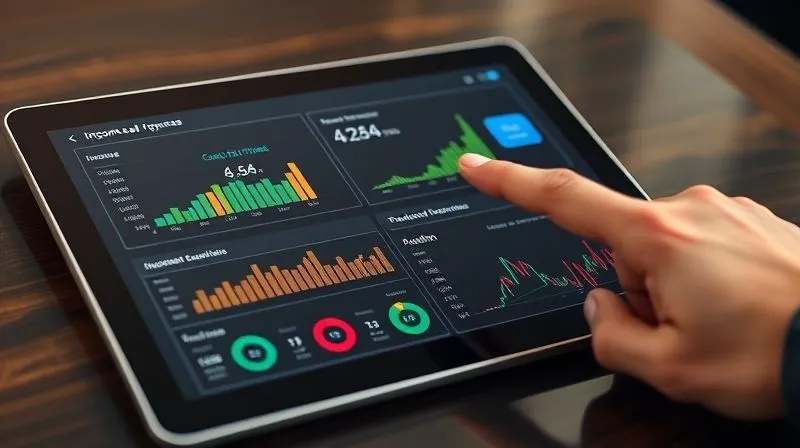 A photorealistic image of a detailed financial dashboard on a sleek tablet, displaying charts for income, expenses, net worth, and debt, with a hand pointing to a positive cash flow figure. Cinematic lighting, sharp focus, depth of field, 8K hyper-detailed, professional photography, shot on a high-end DSLR.