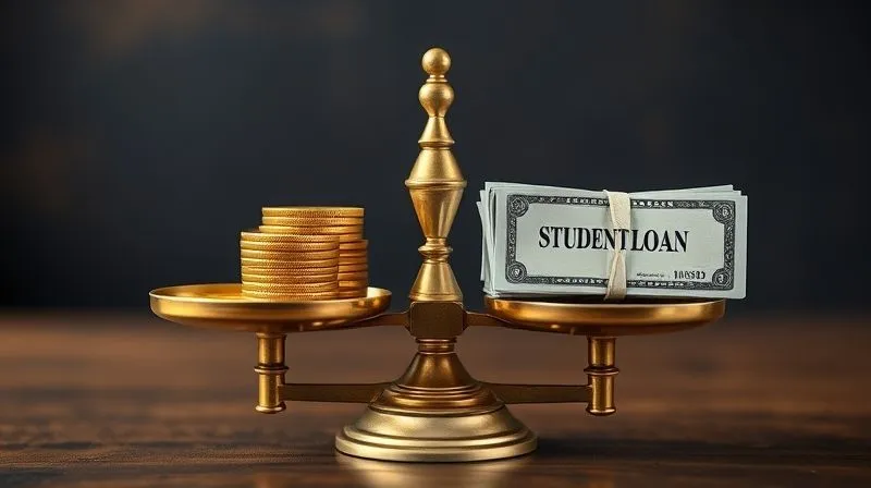 A photorealistic image of a vintage brass scale perfectly balanced, with a stack of gold coins representing 'Retirement Savings' on one side and a neatly bundled stack of cash labeled 'Student Loan Payments' on the other. Cinematic lighting, sharp focus on the scale, depth of field blurring the background, 8K hyper-detailed, professional photography, shot on a high-end DSLR.