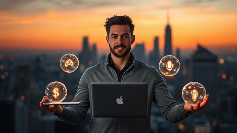 A photorealistic image of a person confidently juggling multiple glowing spheres, each representing a different income stream (laptop, camera, microphone, car keys), against a backdrop of a city skyline at dusk. Cinematic lighting, sharp focus on the person, depth of field blurring the background, 8K hyper-detailed, professional photography, shot on a high-end DSLR.
