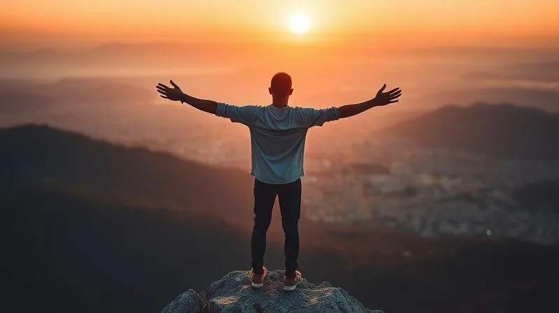 A photorealistic image of a person standing on a mountain peak at sunrise, arms outstretched, looking towards a clear, expansive horizon with a thriving city in the distance, symbolizing financial freedom and a hopeful future. Cinematic lighting, sharp focus on the individual, depth of field blurring the background, 8K hyper-detailed, professional photography, shot on a high-end DSLR.