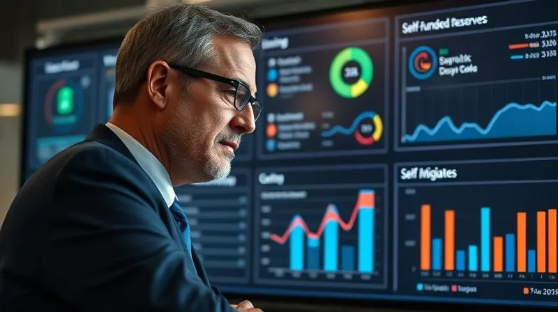 photorealistic, professional photography, 8K, cinematic lighting, sharp focus, depth of field, shot on a high-end DSLR. A thoughtful business owner reviewing a digital dashboard displaying various insurance options and self-funded reserves, with graphs showing cost savings and risk mitigation. The colors are muted and professional, emphasizing strategic financial planning.