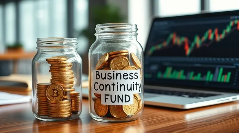 photorealistic, professional photography, 8K, cinematic lighting, sharp focus, depth of field, shot on a high-end DSLR. A sturdy, clear glass jar labeled 'Business Continuity Fund' filled with neatly stacked gold coins, placed on a polished wooden desk next to a modern laptop displaying financial charts. The background is a subtly blurred office environment, symbolizing foresight and preparation.