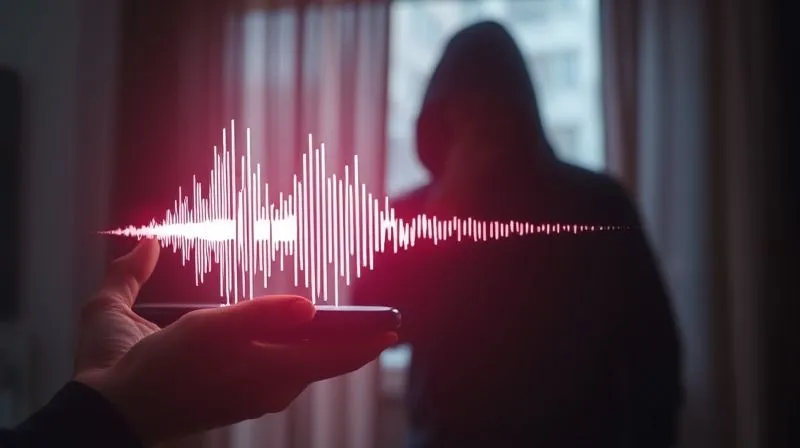 A photorealistic image showing a digital waveform emanating from a smartphone screen, transforming into a shadowy, menacing figure with a blurred background of a worried person. Cinematic lighting, sharp focus on the digital threat, depth of field. 8K hyper-detailed, professional photography, shot on a high-end DSLR.