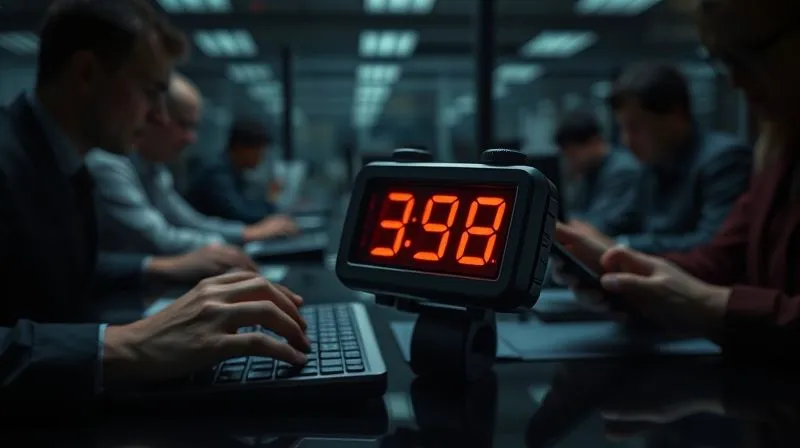 A photorealistic image of a digital stopwatch with glowing red numbers, frozen at a critical moment, surrounded by blurred hands working on keyboards and phones in a tense, dark office environment. Cinematic lighting, sharp focus on the stopwatch, depth of field. 8K hyper-detailed, professional photography, shot on a high-end DSLR.