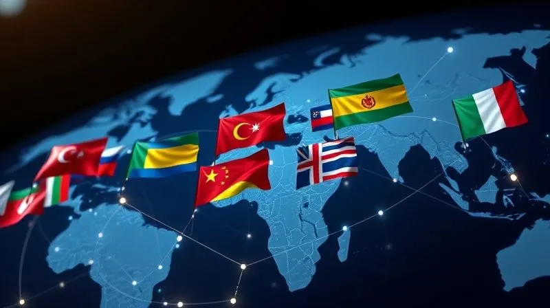 A photorealistic, professional photography image of multiple national flags (representing diverse emerging markets) fluttering in different directions, connected by intricate lines on a global map, cinematic lighting, sharp focus on the flags, depth of field blurring the background. 8K hyper-detailed.