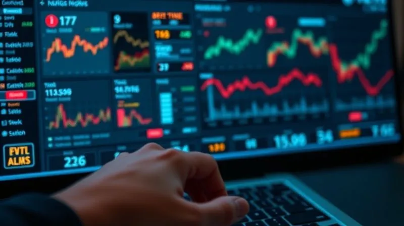 A photorealistic image of a financial dashboard displaying various real-time data points like stock market indices, currency fluctuations, and news feeds, with a prominent 'alert' indicator flashing. Cinematic lighting, sharp focus on the screen, depth of field blurring a hand hovering over a keyboard. Professional photography, 8K.