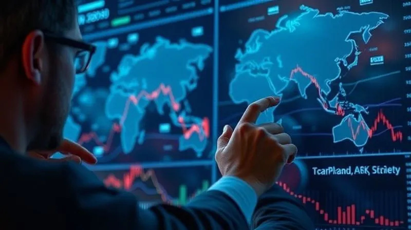 A photorealistic image of a financial strategist meticulously adjusting a complex, multi-layered digital dashboard, with abstract lines representing global economic flows, conveying sophisticated risk management. Professional photography, 8K, cinematic lighting, sharp focus, depth of field, shot on a high-end DSLR.