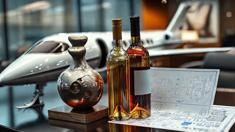 A photorealistic, professional photography, 8K image showing a collage of diverse alternative investments: a sleek private jet, a modern art sculpture, a rare vintage wine bottle, and a blueprint of a cutting-edge tech startup, all arranged on a sophisticated desk with cinematic lighting, sharp focus, depth of field blurring the background, shot on a high-end DSLR, symbolizing growth and exclusivity.