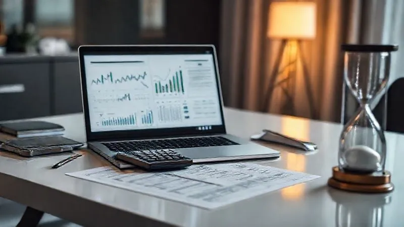 A photorealistic, professional photography, 8K image showing a sleek, modern desk with a financial planner's open laptop displaying complex charts, legal documents, a calculator, and a stylized hourglass, all under cinematic lighting, sharp focus on the documents and charts, depth of field blurring the background, shot on a high-end DSLR, symbolizing meticulous financial and estate planning for the future.