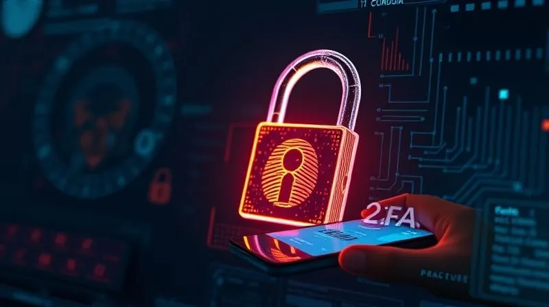 A photorealistic image of a glowing digital padlock intertwined with biometric fingerprints and a smartphone displaying a 2FA code, set against a dark, secure digital interface, professional photography, 8K, cinematic lighting, sharp focus, depth of field, shot on a high-end DSLR.
