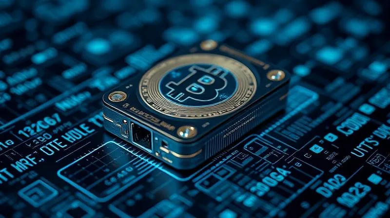 A photorealistic close-up of a sleek, modern hardware cryptocurrency wallet glowing with a faint blue light, resting on a secure, encrypted digital ledger represented by blurred lines of code, professional photography, 8K, cinematic lighting, sharp focus, depth of field, shot on a high-end DSLR.