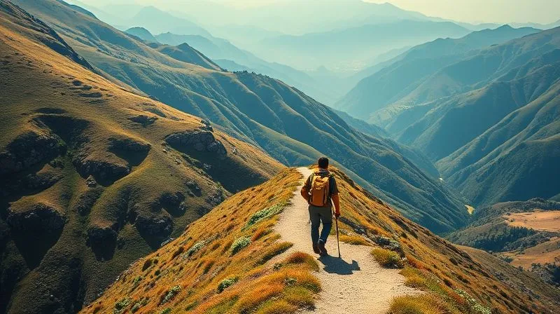 A photorealistic image of a lone, cautious hiker carefully traversing a narrow, winding path through a vibrant but rugged mountainous landscape, symbolizing the navigation of emerging markets. Professional photography, 8K, cinematic lighting, sharp focus on the hiker and path, depth of field blurring the distant mountains, shot on a high-end DSLR.