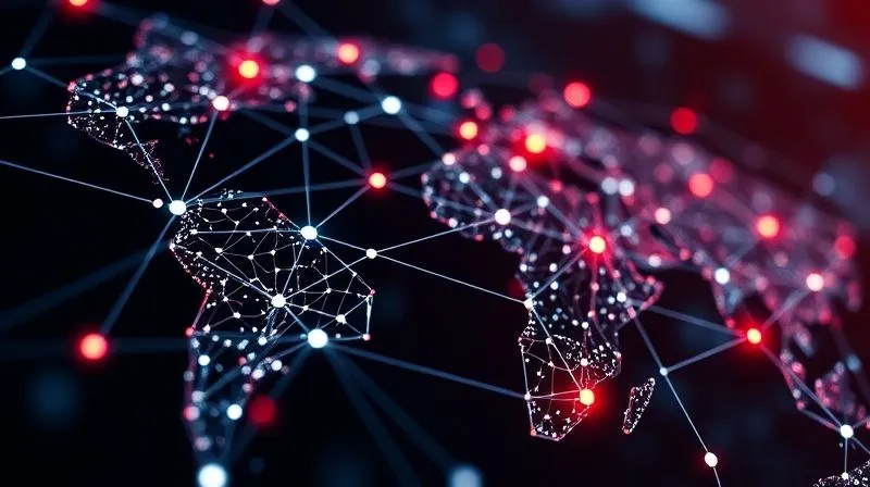 photorealistic, professional photography, 8K, cinematic lighting, sharp focus on a complex, glowing network of interconnected lines representing global financial markets, with specific nodes highlighted red, depth of field blurring the background, symbolizing the contagion effect of financial crises, shot on a high-end DSLR.