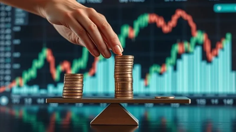 photorealistic, professional photography, 8K, cinematic lighting, sharp focus on a pair of hands carefully adjusting miniature weights on a balanced scale, with a digital financial chart displaying volatility in the background, symbolizing dynamic portfolio rebalancing and agile adjustment, shot on a high-end DSLR.
