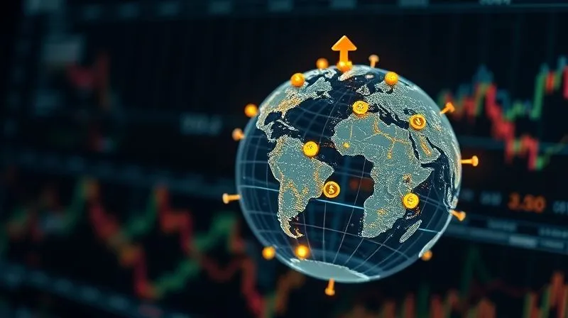 photorealistic, professional photography, 8K, cinematic lighting, sharp focus, depth of field, shot on a high-end DSLR. A detailed, illuminated 3D globe with various financial symbols (stock charts, currency signs, gold bars) strategically placed across different continents, connected by subtle, glowing lines, symbolizing a globally diversified investment portfolio. The background is a sophisticated financial data interface, slightly blurred.