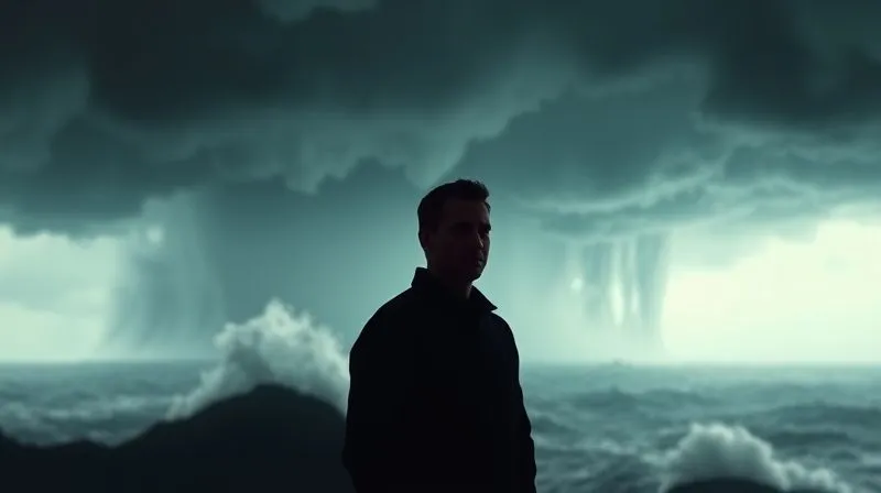 photorealistic, professional photography, 8K, cinematic lighting, sharp focus, depth of field, shot on a high-end DSLR. A calm, determined investor, silhouetted against a dramatic, turbulent economic storm in the background, stands firm on a solid financial foundation. Their gaze is fixed on a distant, clear horizon, symbolizing long-term vision and resilience. The lighting is intense, highlighting the contrast between chaos and steadfastness.